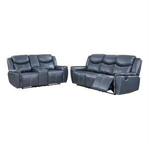 Benjara Eleni 2pc Power Reclining Sofa and Loveseat Set- Blue Faux Leather