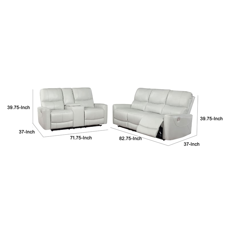 Benjara Lima 2pc Power Reclining Sofa and Loveseat Set- Ivory Faux Leather
