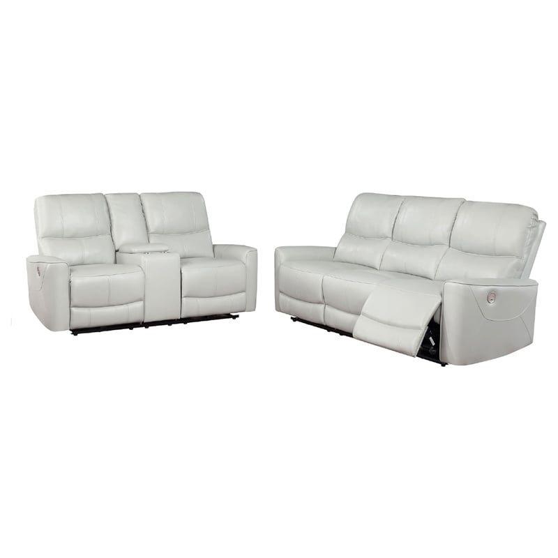 Benjara Lima 2pc Power Reclining Sofa and Loveseat Set- Ivory Faux Leather