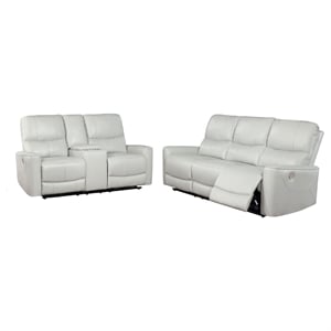 Benjara Lima 2pc Power Reclining Sofa and Loveseat Set- Ivory Faux Leather