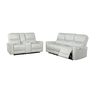Benjara Lima 2pc Power Reclining Sofa and Loveseat Set- Ivory Faux Leather