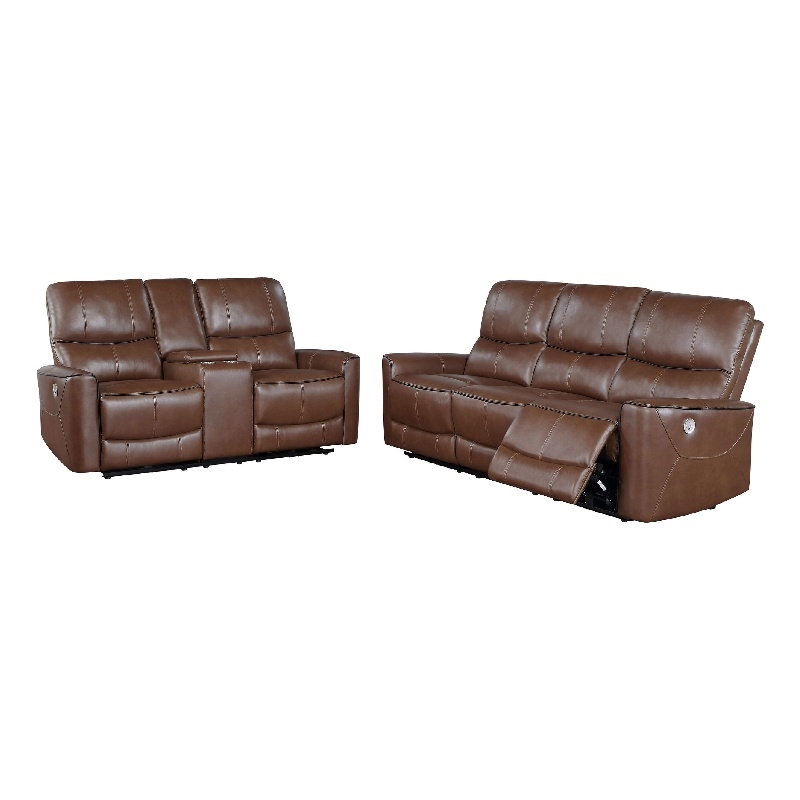 Benjara Lima 2pc Power Reclining Sofa and Loveseat Set- Brown Faux Leather