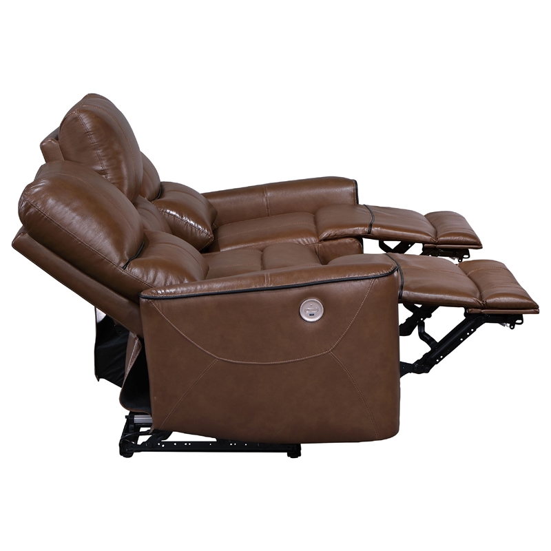 Benjara Lima 2pc Power Reclining Sofa and Loveseat Set- Brown Faux Leather