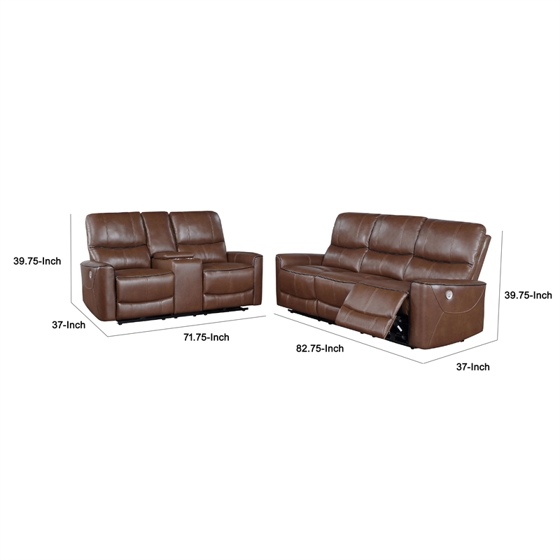 Benjara Lima 2pc Power Reclining Sofa and Loveseat Set- Brown Faux Leather