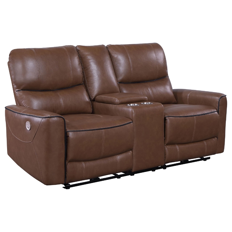 Benjara Lima 2pc Power Reclining Sofa and Loveseat Set- Brown Faux Leather