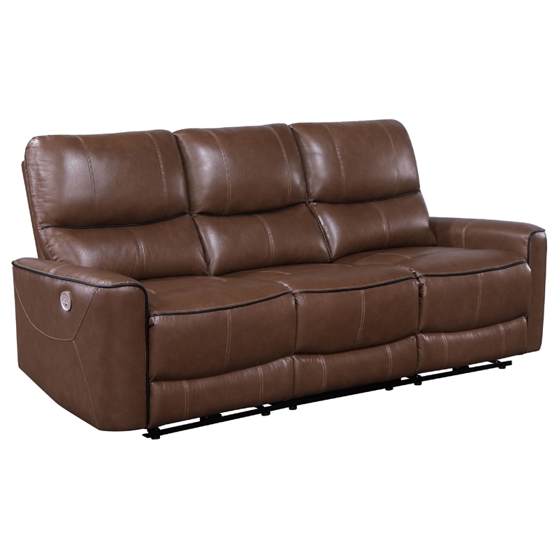 Benjara Lima 2pc Power Reclining Sofa and Loveseat Set- Brown Faux Leather