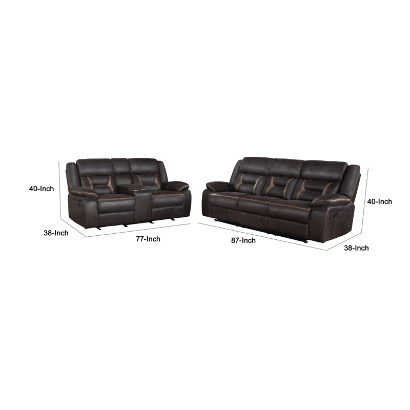 Benjara Garie 2pc Manual Reclining Sofa and Loveseat Set- Brown Faux Leather