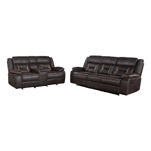 Benjara Garie 2pc Manual Reclining Sofa and Loveseat Set- Brown Faux Leather