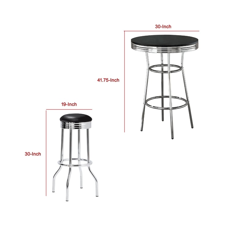 Benjara Loy 3 Piece Retro Bar Table Set- Round Black Top- 2 Stools- Chrome