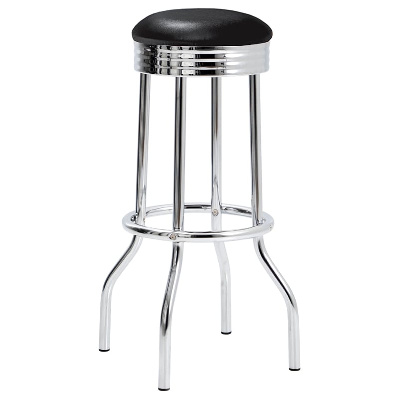 Benjara Loy 3 Piece Retro Bar Table Set- Round Black Top- 2 Stools- Chrome