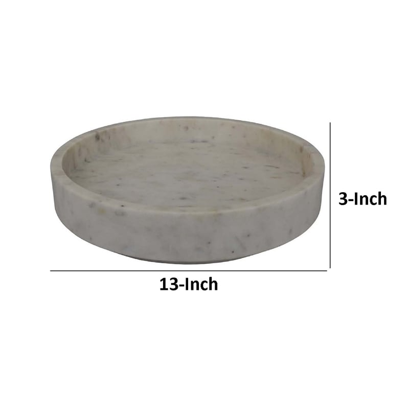 Benjara Accent Decorative Bowl- Tray Edge Antique Style White Marble- 13 Inch