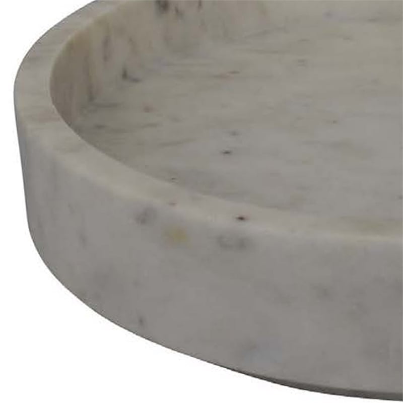 Benjara Accent Decorative Bowl- Tray Edge Antique Style White Marble- 13 Inch