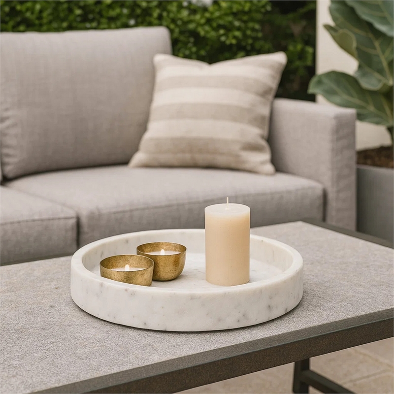 Benjara Accent Decorative Bowl- Tray Edge Antique Style White Marble- 13 Inch