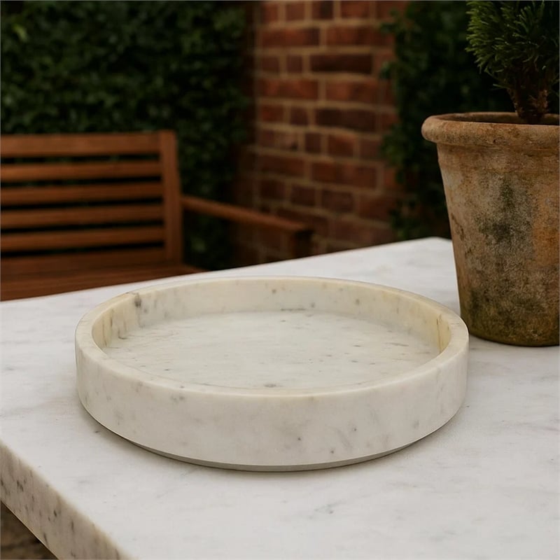 Benjara Accent Decorative Bowl- Tray Edge Antique Style White Marble- 13 Inch