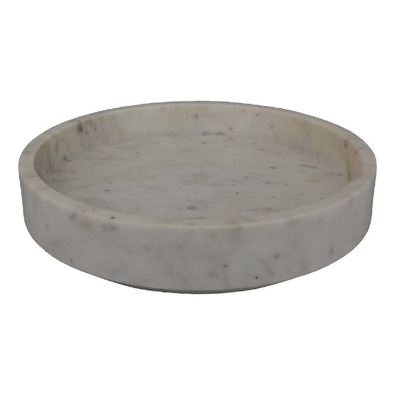 Benjara Accent Decorative Bowl- Tray Edge Antique Style White Marble- 13 Inch