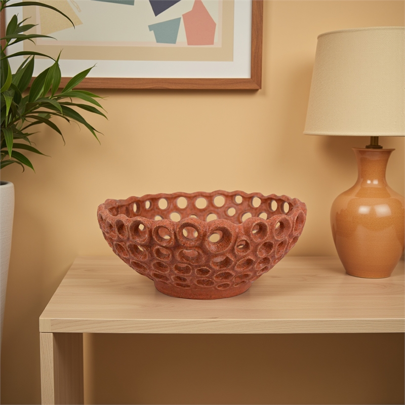 Benjara Nian Decorative Bowl- Earthy Brown Ceramic- Perforated Holes- 13 Inch