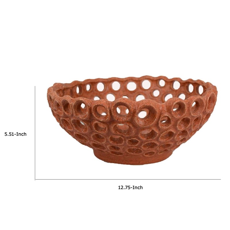Benjara Nian Decorative Bowl- Earthy Brown Ceramic- Perforated Holes- 13 Inch