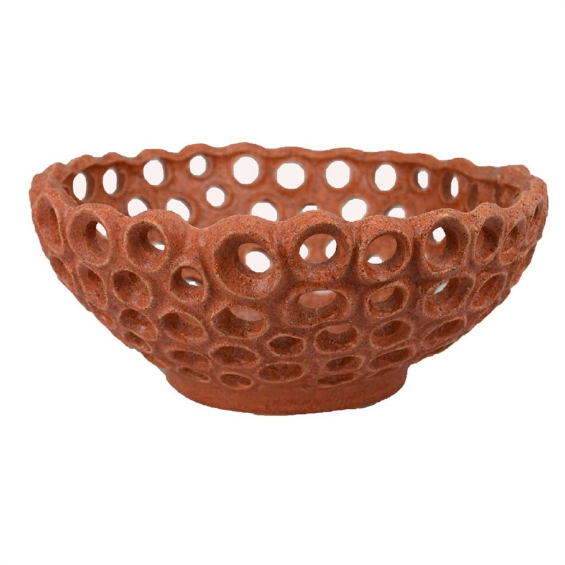Benjara Nian Decorative Bowl- Earthy Brown Ceramic- Perforated Holes- 13 Inch