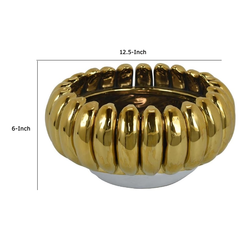 Benjara Milly Decorative Bowl- Raised Petal Rim- Gold Metallic Ceramic 13 Inch