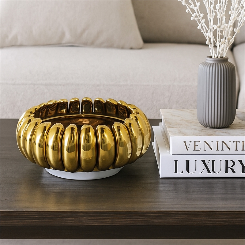 Benjara Milly Decorative Bowl- Raised Petal Rim- Gold Metallic Ceramic 13 Inch