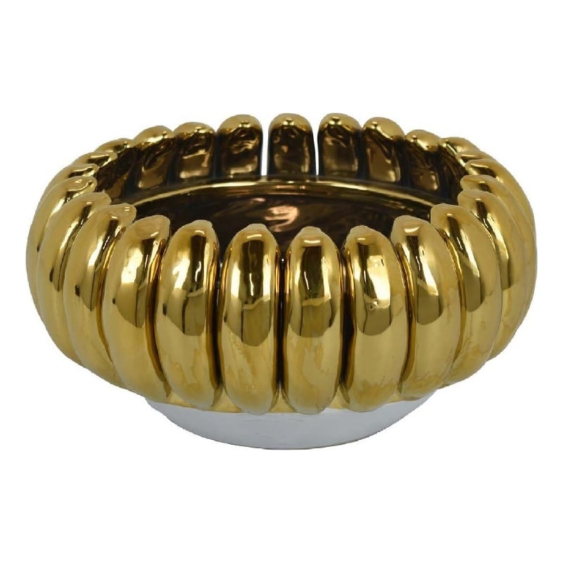 Benjara Milly Decorative Bowl- Raised Petal Rim- Gold Metallic Ceramic 13 Inch