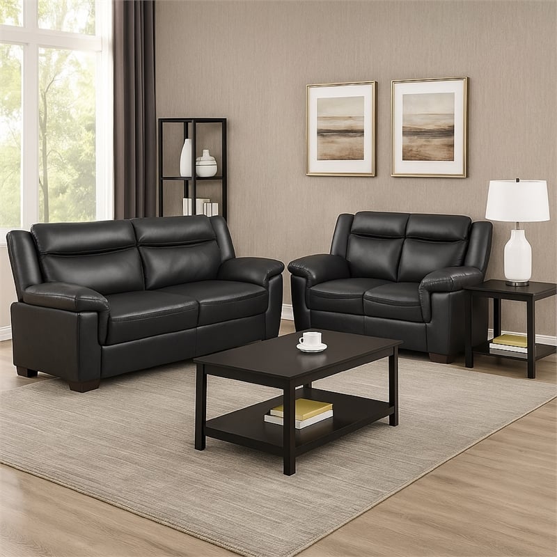 Benjara Araba 2 Piece Sofa and Loveseat Set- Gray- Faux Leather