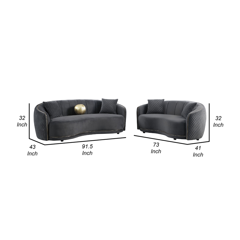 Benjara Buo 2pc Living Room Set- Sofa and Loveseat- Gold Trim- Dark Gray Velvet