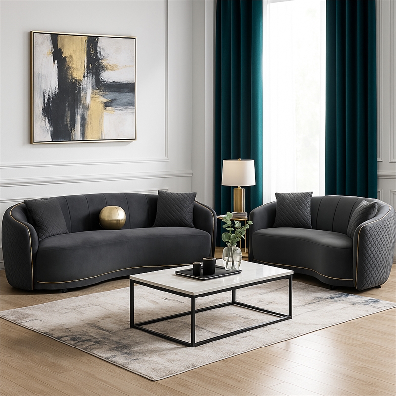 Benjara Buo 2pc Living Room Set- Sofa and Loveseat- Gold Trim- Dark Gray Velvet