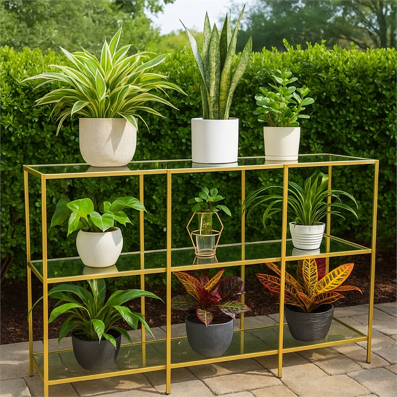 Benjara Woly Plant Stand Rack- 2 Glass Shelves- 59