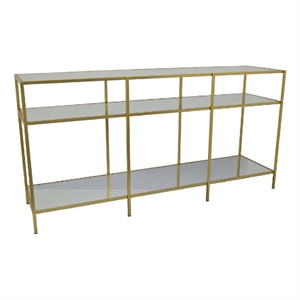 Benjara Woly Plant Stand Rack- 2 Glass Shelves- 59&quot Industrial Gold Metal
