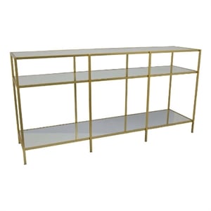 Benjara Woly Plant Stand Rack- 2 Glass Shelves- 59&quot Industrial Gold Metal