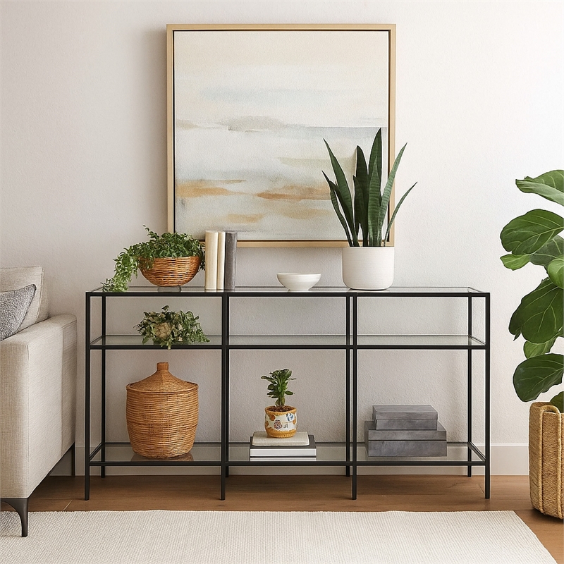 Benjara Woly Plant Stand Rack- 2 Glass Shelves- 59