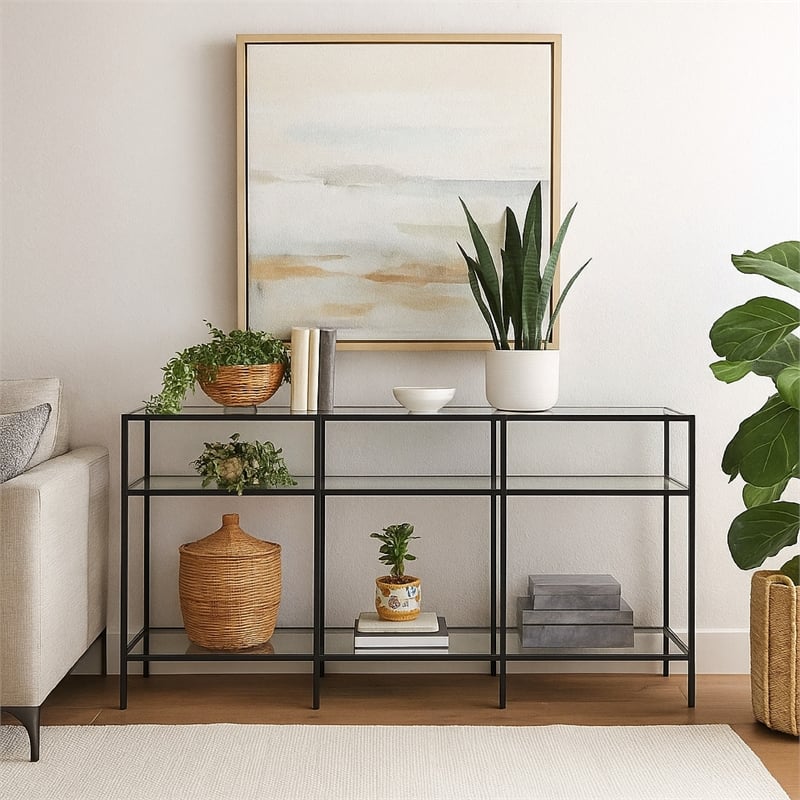 Benjara Woly Plant Stand Rack- 2 Glass Shelves- 59
