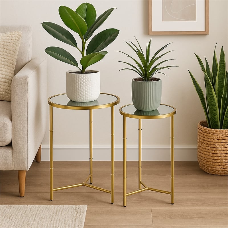 Benjara Modern Plant Stand Table Set of 2- Round Mirror Top- Gold Metal Base