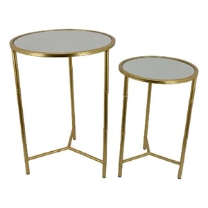 Benjara Modern Plant Stand Table Set of 2- Round Mirror Top- Gold Metal Base