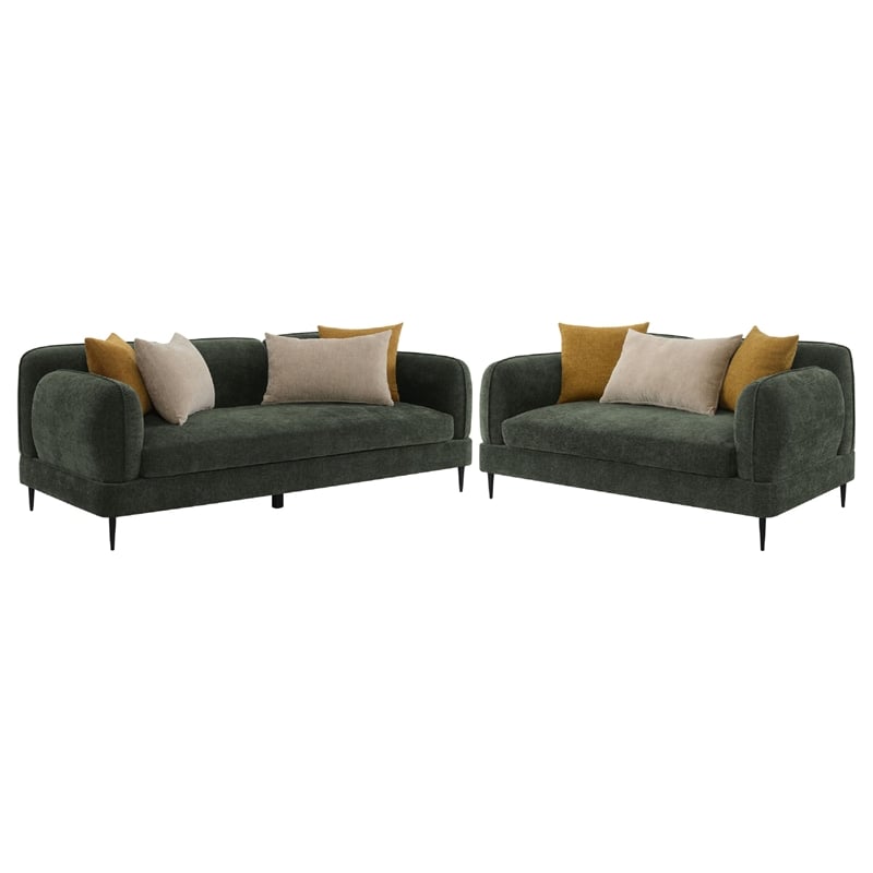 Benjara Dija 2pc Sofa Set with 7 Throw Pillows- Slim Metal Legs- Green Chenille