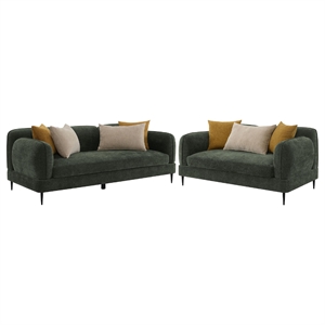 Benjara Dija 2pc Sofa Set with 7 Throw Pillows- Slim Metal Legs- Green Chenille