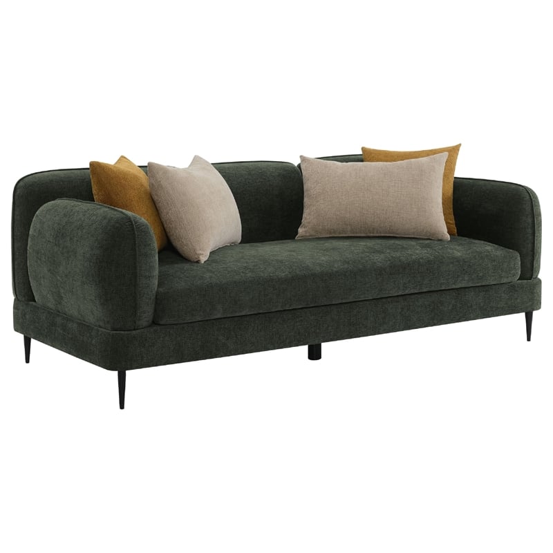 Benjara Dija 2pc Sofa Set with 7 Throw Pillows- Slim Metal Legs- Green Chenille