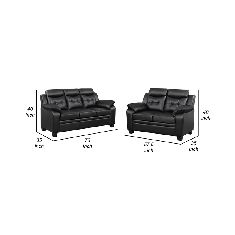 Benjara Finie 2 Piece Sofa and Loveseat Set- Black Faux Leather- Soft Foam