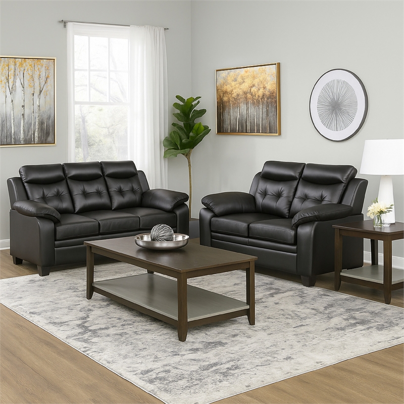 Benjara Finie 2 Piece Sofa and Loveseat Set- Black Faux Leather- Soft Foam