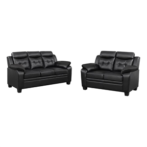 Benjara Finie 2 Piece Sofa and Loveseat Set- Black Faux Leather- Soft Foam
