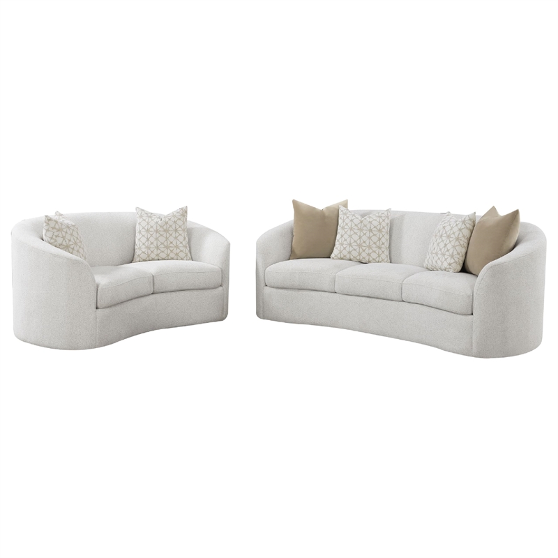 Benjara Tia 2pc Living Room Sofa Set with 6 Accent Pillows- White Boucle