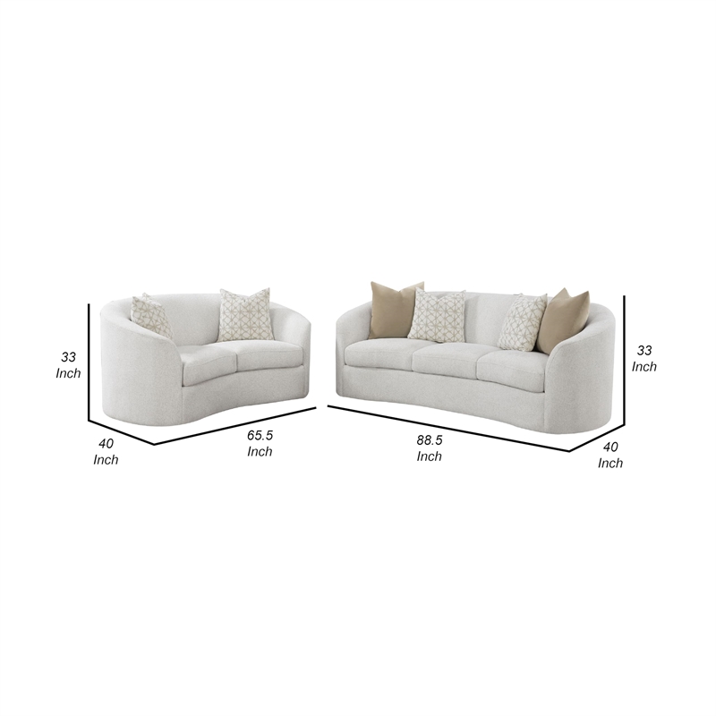 Benjara Tia 2pc Living Room Sofa Set with 6 Accent Pillows- White Boucle