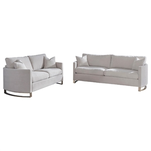 Benjara Lizzy 2pc Sofa and Loveseat Living Room Set- 4 Pillows- Beige Velvet