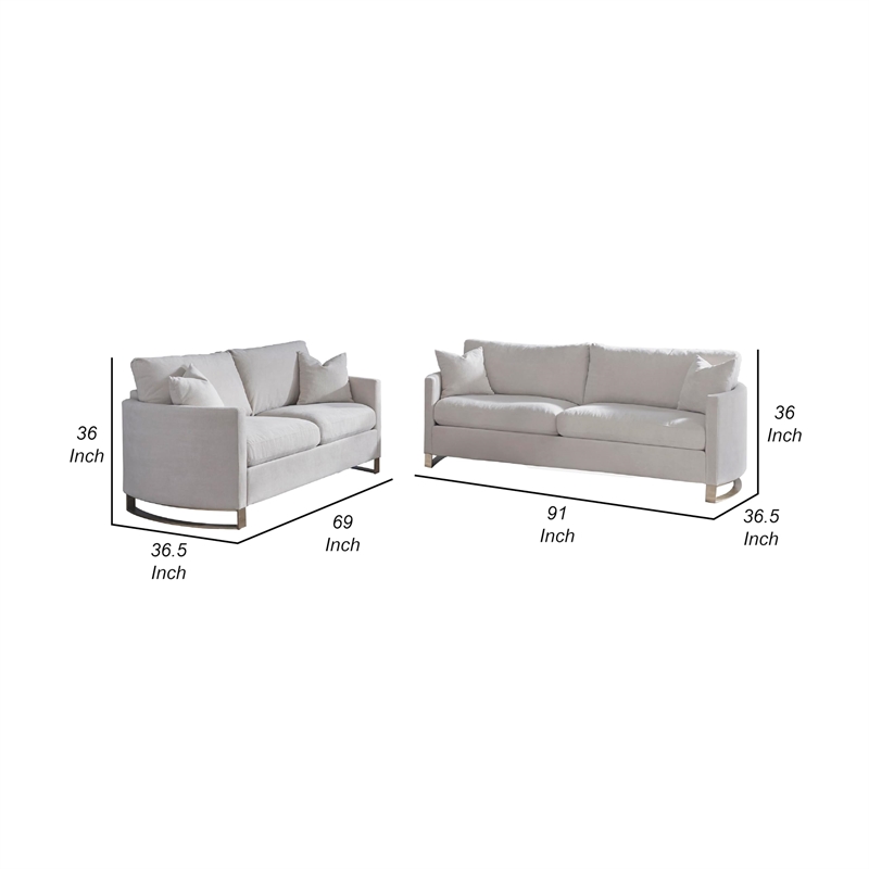 Benjara Lizzy 2pc Sofa and Loveseat Living Room Set- 4 Pillows- Beige Velvet