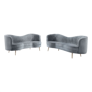 Benjara Enzo 2pc Living Room Sofa Set- Modern Curved- Gray Channel Tufted Velvet