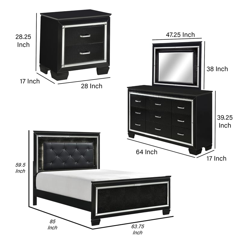 Benjara Alen 4 Pc Queen Size Bedroom Set- Button Tufting- Mirror Trim- Black