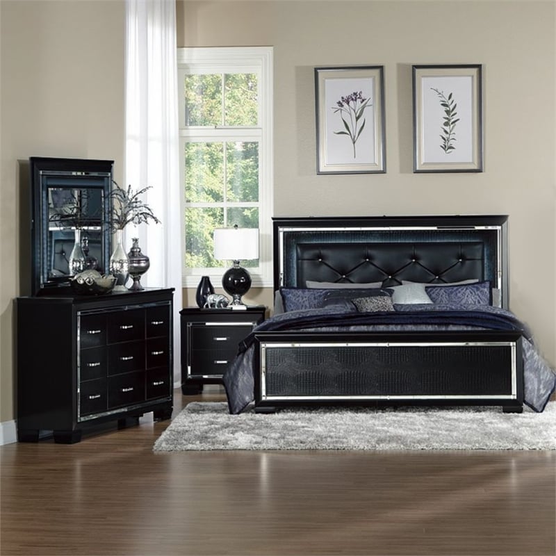 Benjara Alen 4 Pc Queen Size Bedroom Set- Button Tufting- Mirror Trim- Black