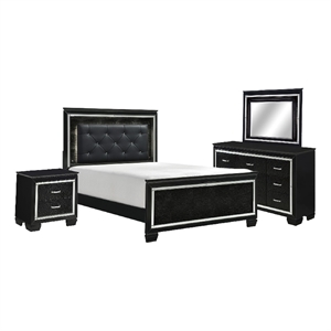 Benjara Alen 4 Pc Queen Size Bedroom Set- Button Tufting- Mirror Trim- Black