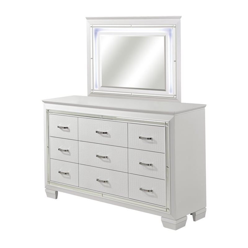 Benjara Alen 4 Pc Queen Size Bedroom Set- Button Tufting- Mirror Trim- White